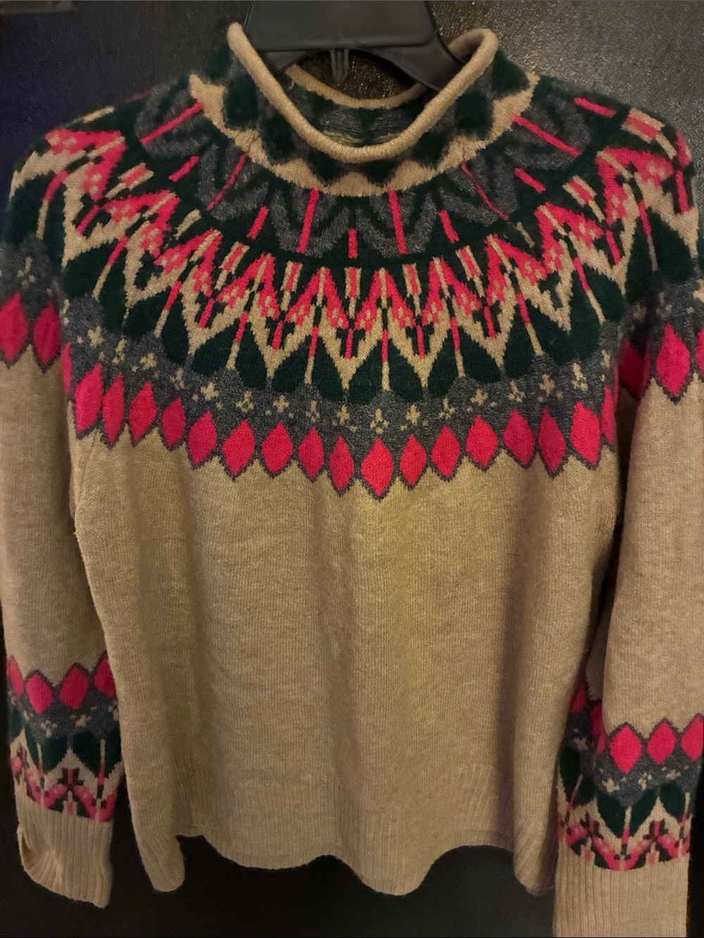 CeCe Beige Crewneck Sweater with Pink and Green Fair Isle Yoke